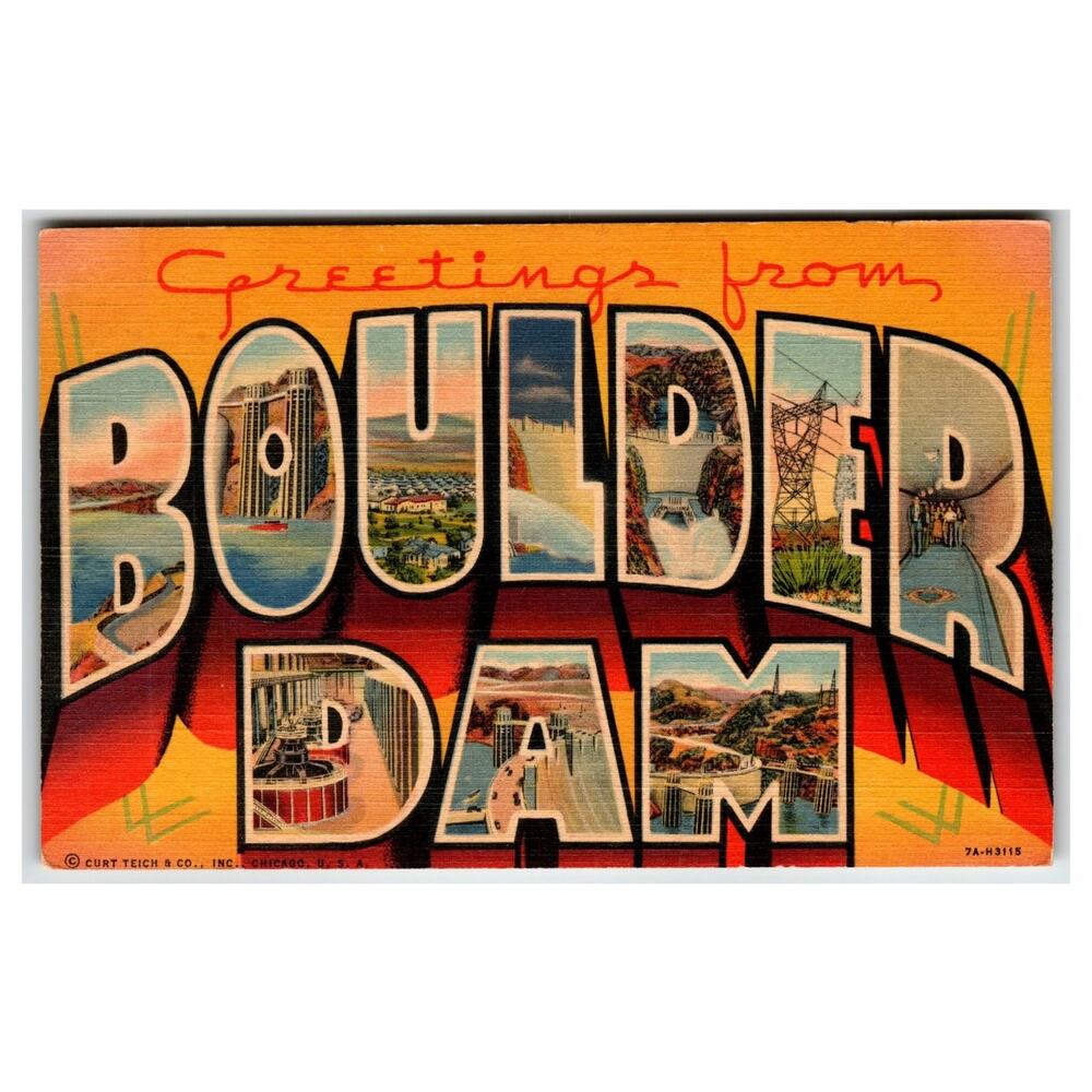Vintage Greetings From BOULDER DAM Large Letter Linen Postcard Nevada 1937